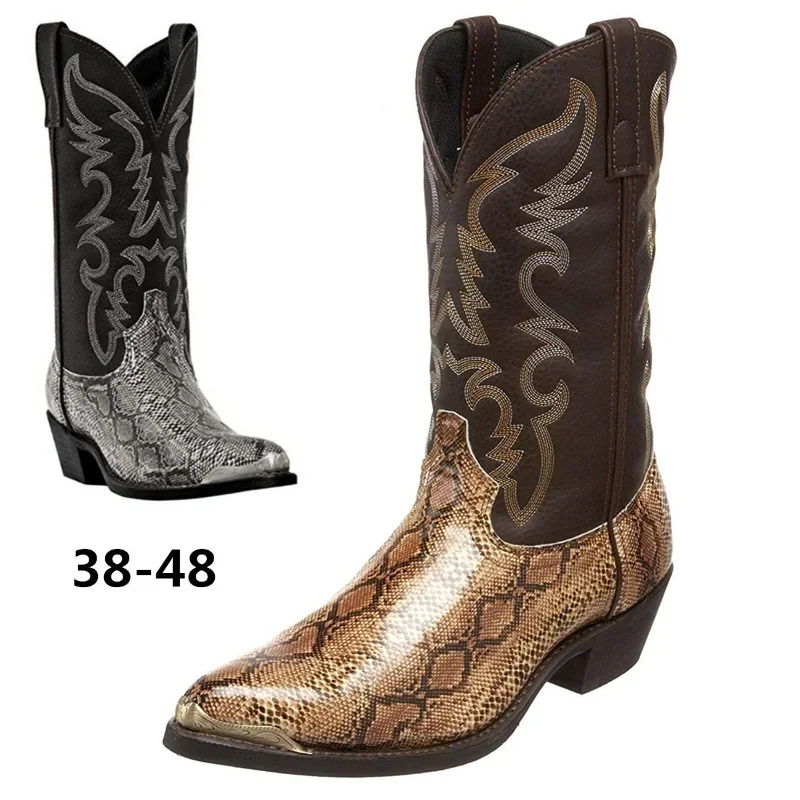 Stivali da donna retrò da uomo testa dorata pelle di serpente scarpe invernali in ecopelle stivali da Cowboy occidentali ricamati calzature Unisex taglia grande 6