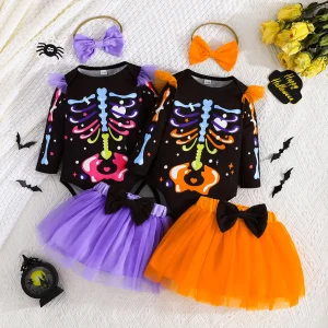 Pudcoco Neonate Vestito di Halloween Stampa scheletro Pagliaccetto a maniche lunghe e gonna in rete elastica Fascia per capelli Abiti carini in 3 pezzi 1