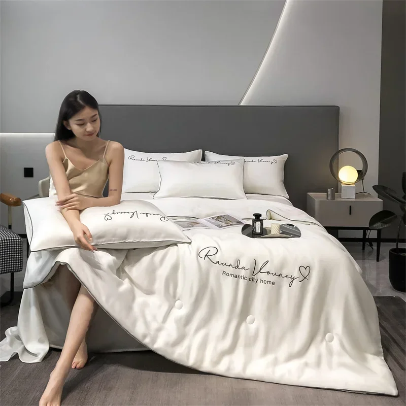 100% seta lavata trapunta estiva ricamo piumino rinfrescante ghiaccio liscio per letto coperta solida setosa morbida coperta estiva fresca 2