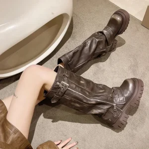 Brand Desinger Knight Stivali a metà polpaccio da donna Piattaforma con tacco alto grosso Stivaletti lunghi da moto punk Scarpe da strada gotiche per donna 1