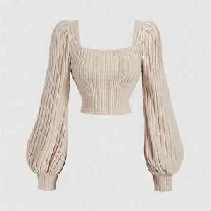 Top corto con scollo quadrato a maniche lunghe a lanterna casual per donna Autunno Inverno Sping elegante camicetta a costine in maglia streetwear 1