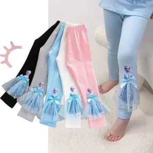 2025 Pantaloni in cotone per ragazze Frozen per bambini Primavera Autunno Baby Anna Elsa Rosa Blu Elastico in vita Legging in pizzo 2-8Y Pantaloni per bambini 1