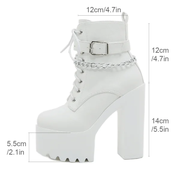 Gdgydh Stivali da donna con tacco largo con decorazione a catena Stivali con plateau con cerniera laterale alla moda Stivaletti alla moda Tacchi alti 4