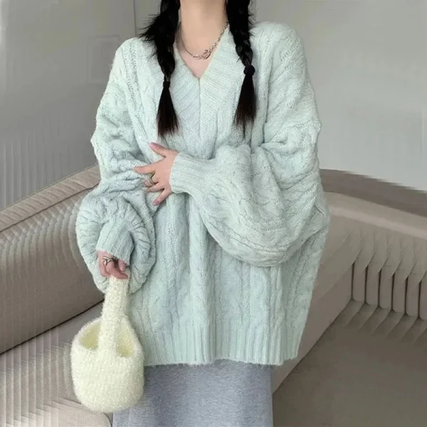 Maglione da donna autunno inverno Harajuku pullover lavorato a maglia oversize coreano manica lunga scollo a V maglieria maglione allentato solido preppy 5