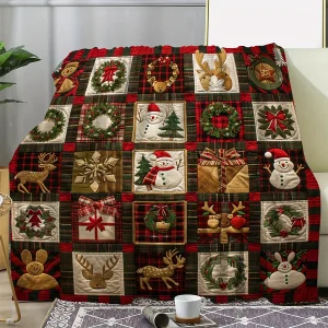 Accogliente coperta natalizia festiva: ghirlande di ispirazione vintage, pupazzo di neve, renna e griglia regalo in morbida flanella stampata con caldo 1