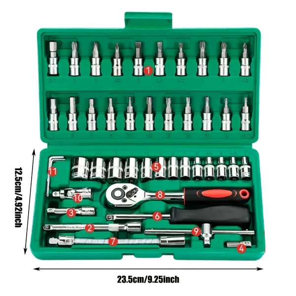 Set di chiavi a cricchetto da 46 pezzi Set di chiavi a cricchetto da 1/4 di pollice con prese Set di bussole a punta esagonale metrica Kit di strumenti meccanici per riparazioni auto Hous 6