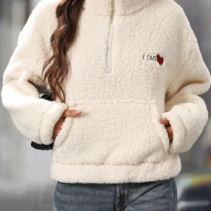 Fairyshely 2025 Autunno Inverno Bianco Felpe con cappuccio da donna Manica lunga con cerniera Felpa con cappuccio Casual Lady Felpa con cappuccio in peluche allentata Top 1