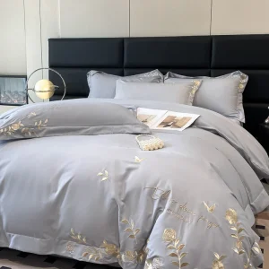 Set di biancheria da letto con ricamo marino con fiori dorati, copripiumino in cotone beige di lusso, lenzuolo piatto o con angoli, federe, tinta unita 1