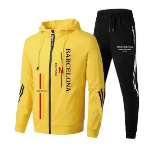 Tuta da uomo con stampa Barcelona Felpa con cappuccio con zip Pantaloni sportivi neri Autunno Inverno Quotidiano Casual Sportivo Jogger Set Palestra Fitness Abbigliamento sportivo 1