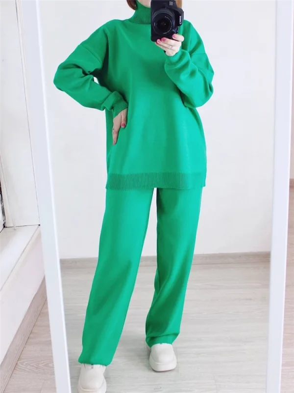 Autunno Inverno 2 pezzi Set da donna Tuta lavorata a maglia Maglione a collo alto e pantaloni da jogging dritti 3