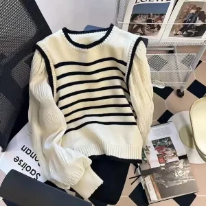 maglioni lavorati a maglia in due pezzi finti a righe bianche e nere da donna e maglione pullover coreano morbido e glutinoso autunnale femminile 1