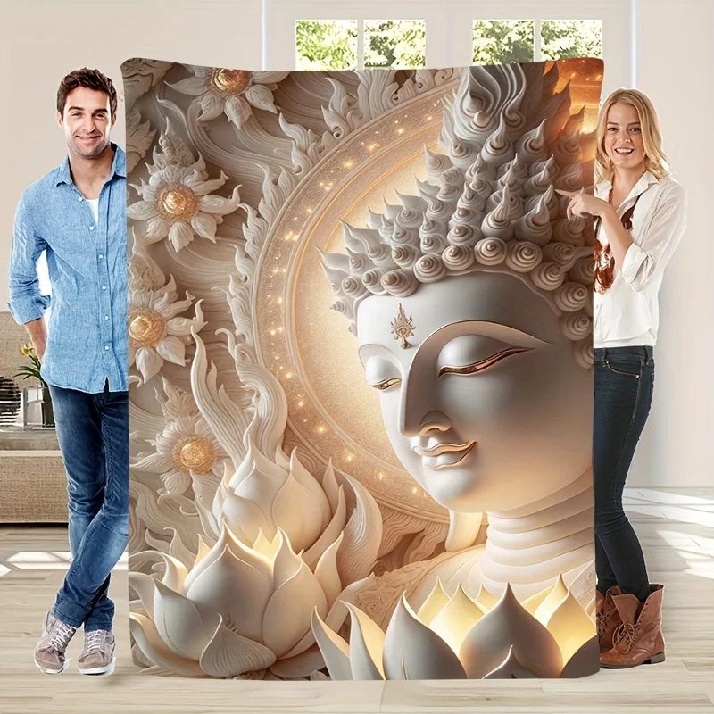 Coperta in flanella con stampa testa di Buddha sacra Zen vintage da 1 pezzo - Morbida, calda, accogliente, lavabile in lavatrice - Ideale per divano, letto, ufficio, 2