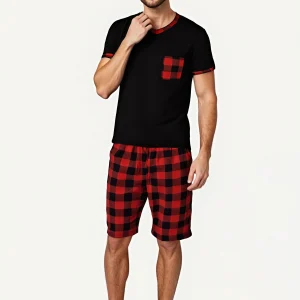 Pigiama da uomo Pigiama scozzese a maniche corte per uomo Pjs Set Morbido pigiama da salotto Pantaloni pigiama con tasche Pantaloncini con coulisse Camicie 1