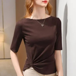 T-shirt a maniche lunghe da donna in puro cotone tinta unita slim e chic slim irregolare di un solo lunghezza 1