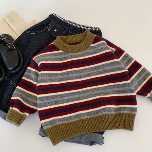 Maglione lavorato a maglia per bambini 2025 Maglioni di lana autunno inverno per ragazzi Pullover per ragazze a righe Cardigan per bambini caldi Abbigliamento per bambini 1