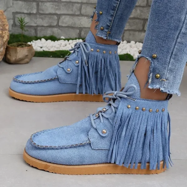 Stivaletti stringati vintage con nappe per donna Autunno Inverno Stivali da cowgirl con punta a punta Stivali Chelsea da cowboy occidentali in pelle scamosciata da donna 4