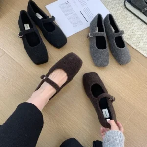 Ballerine in pile con punta quadrata alla moda Donna Inverno caldo lana Mary Jane Scarpe da donna Mocassini eleganti in peluche dal design di marca 1