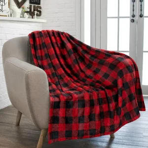 1PC Coperta da tiro in flanella scozzese nera e rossa Calda e morbida plaid a quadretti Divano natalizio Caldo e accogliente Decorazione decorativa Regalo 1