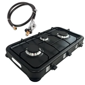 Fornello a gas portatile a tre fuochi di qualità USA con regolatore e tubo flessibile standard USA 1