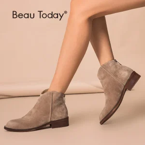BeauToday Caviglia Stivali Delle Donne di Alta Qualità Della Pelle Scamosciata Della Mucca Zip Autunno Della Signora di Modo Pattini di Cuoio Genuini Tacco Piatto Fatto A Mano 03274 1