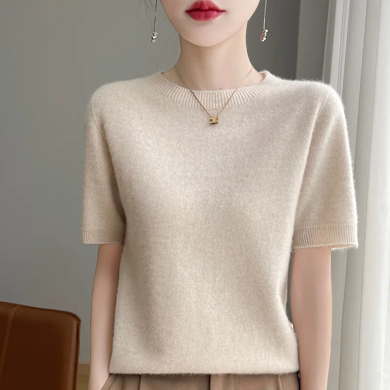 Nuovo maglione lavorato a maglia girocollo alla moda, tinta unita a maniche corte, pullover da donna di prima linea leggero e confortevole-RY130 6