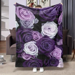 Elegante coperta con rose viola e bianche: design accogliente e colorato, perfetta per qualsiasi stanza, morbida e calda, regalo ideale 1