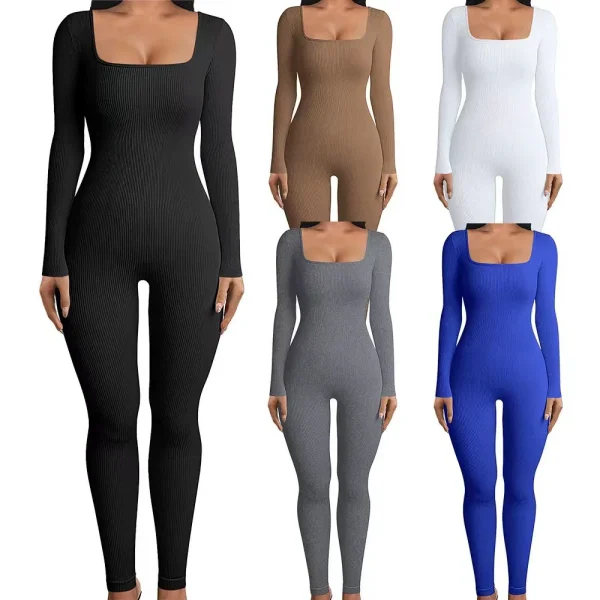 Tuta da yoga a costine tinta unita, body sportivo a maniche lunghe slim fit senza cuciture, abbigliamento sportivo da donna 3