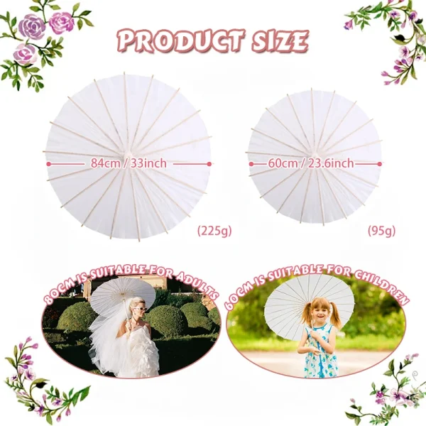 Ombrello parasole in carta bianca da 84/60 cm per matrimonio, ombrelloni in bambù fai da te per bomboniere, per centrotavola per addio al nubilato, oggetti di scena per foto 6