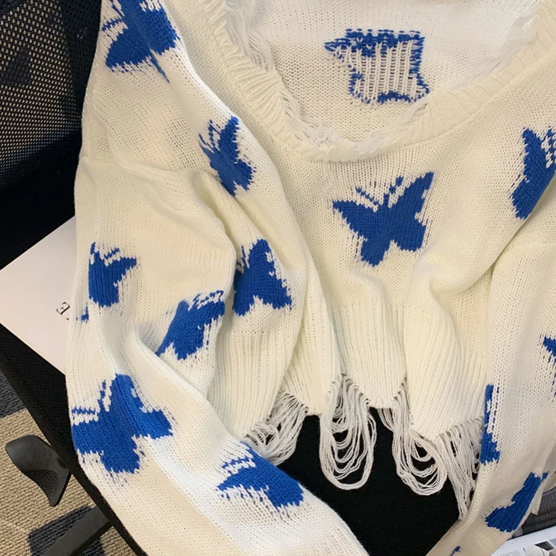 Nuove donne casual maglione allentato moda coreana grafica farfalla maglione lavorato a maglia donna dolce oversize corto con spalle scoperte 3