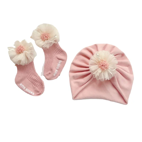 Set di berretti per calzini per bambini, calzino corto a coste con fiore in pizzo per ragazze + cappello turbante per l'autunno, Beige/rosa 4