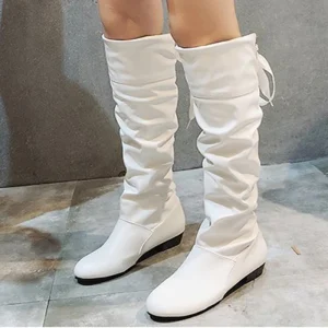 2023Scarpe da donna Stivali alti al ginocchio Rosso Nero Bianco Stivali alti Donna Pieghettato Tacco basso Scarpe lunghe femminili in pelle casual 1