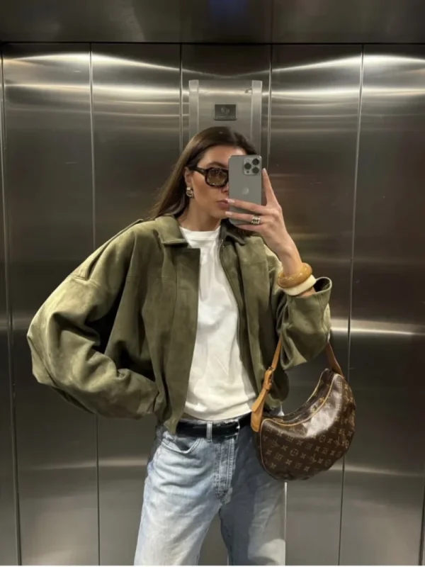ETJ 2025 Primavera nuovo effetto texture in pelle scamosciata da donna Versione ampia della giacca bomber con spalle con risvolto alla moda 3