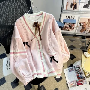 Giacca maglione con fiocco autunno/inverno da donna ampia 2024 Nuovo stile Sensibilità Cardigan lavorato a maglia giapponese che riduce l'età con scollo a V 1