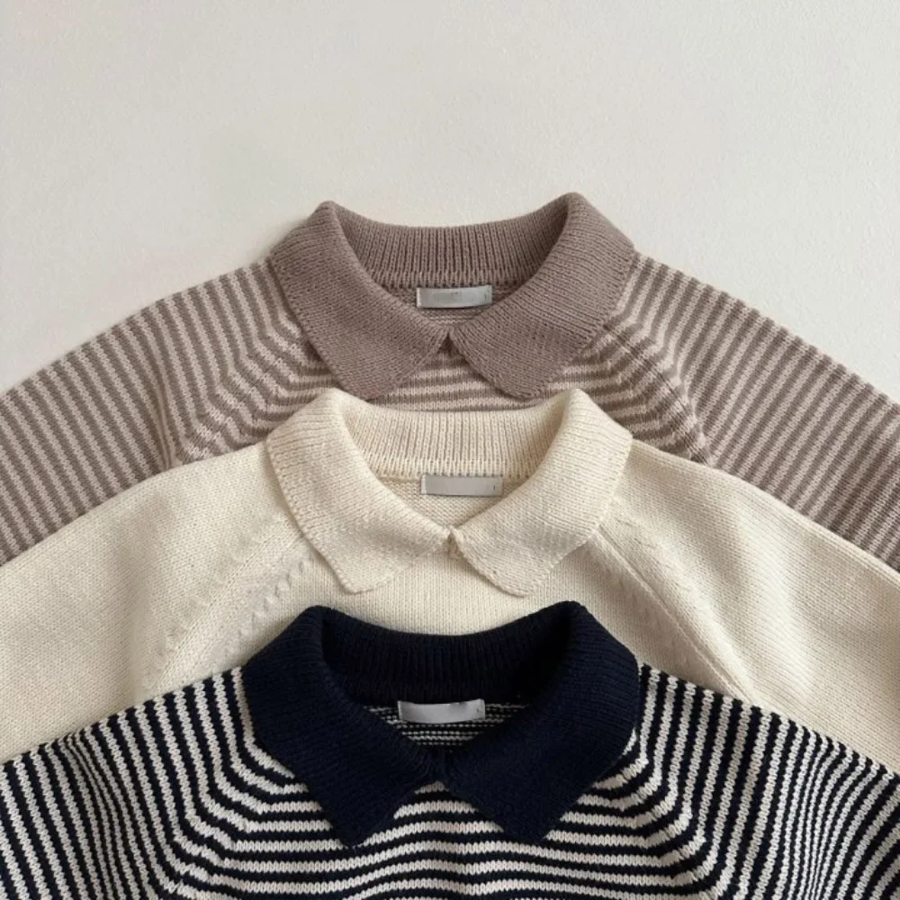 4155 Maglione coreano per bambini Autunno Nuovo risvolto a righe Maglione lavorato a maglia per neonato 1-7 anni Pullover per bambini Top 3