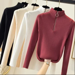 Maglione da donna lavorato a maglia con cerniera a collo mezzo alto Pullover Autunno Inverno Maglioni da donna basic Slim Maglieria solida Pull Femme Top 1