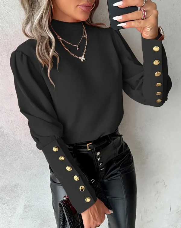 Camicia con bottoni e maniche a lanterna alla moda Camicia da donna elegante per pendolari da ufficio O collo Camicetta femminile autunno primavera Top casual quotidiani 3