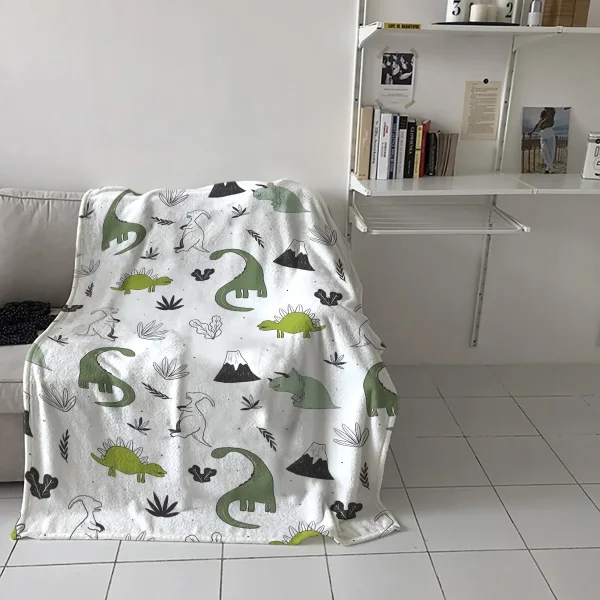Coperta in pile di corallo con pianta di dinosauro verde animale, coperta per divano in flanella, coperta piccola per bambini, tessili per la casa 5