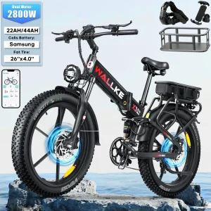 W Wallke Bici elettrica da montagna pieghevole per adulti 44AH/22AH 2800W Doppio motore Ebike 26 "* 4.0" Fat Tire Controllo APP 7 velocità 1
