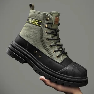Stivaletti da uomo Stivali da lavoro da esterno di alta qualità per uomo Stivali da moto con plateau alla moda Scarpe da uomo alte in tela con lacci Novità 1