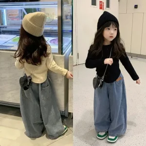 Vestiti autunnali 1PCS Pantaloni di jeans per bambini Vestiti per bambini per ragazze Camicie con fondo coreano Jeans casual Ragazze Pantaloni a gamba larga Top 1