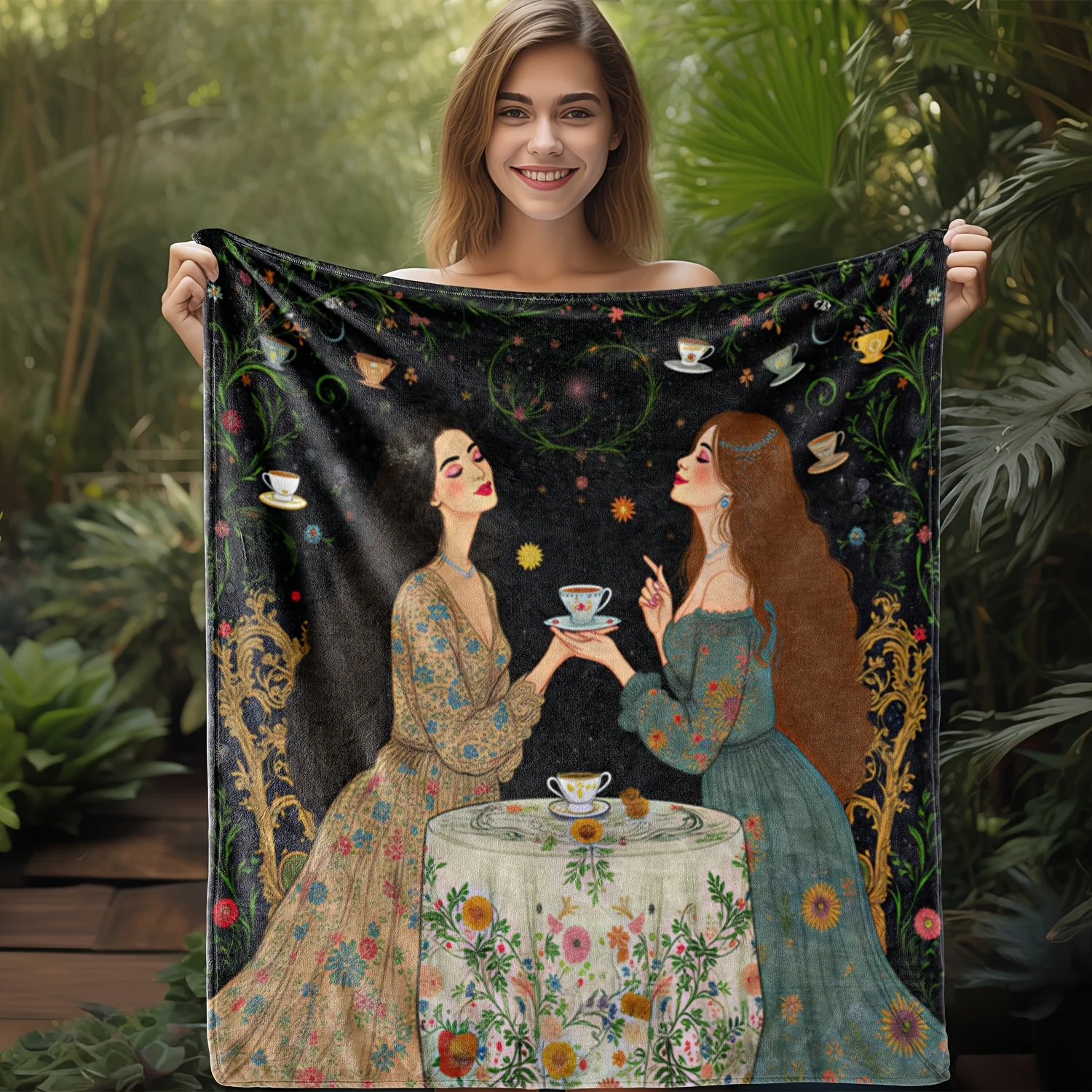 Coperta in flanella da 1 pezzo, stampa di tazze da tè vintage, design elegante da donna che beve insieme, caldo e morbido per divano, letto, auto, ufficio 2