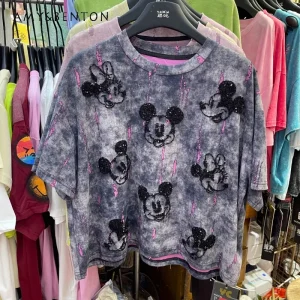 2025 Nuovo Popolare a maniche corte Tie-dye Oversize Heavy Craft Perline Cartoon Top T-shirt a maniche corte Kawaii Vestiti Pullover 1