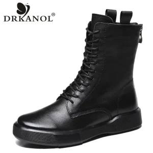 DRKANOL 2025 Stivali da donna moda Autunno Inverno Scarpe Fondo morbido 100% vera pelle Stivali piatti a metà polpaccio Donna Casual Stivale caldo 1