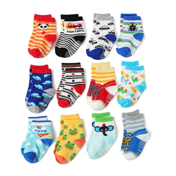 Ragazzi Ragazze 12 paia di calzini antiscivolo in cotone Neonato 1-3 anni Suole antiscivolo Calzino unisex da pavimento per neonati Bambini piccoli Grip Kids 4