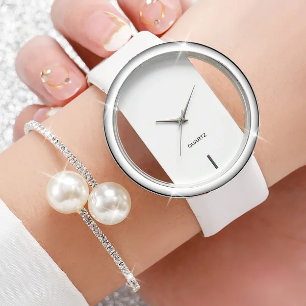 2 pezzi/set orologio da donna con bracciale con diamanti e perle, orologi al quarzo con cinturino in pelle con quadrante cavo alla moda (senza scatola) 2