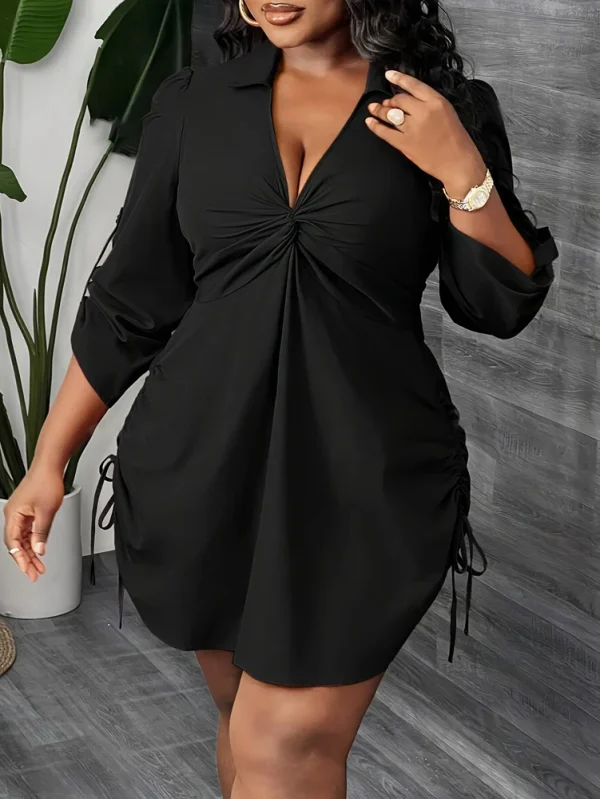 Abito camicia elegante a maniche lunghe da donna taglie forti per lavoro, feste e appuntamenti con coulisse in vita frontale attorcigliata, primavera e autunno 4