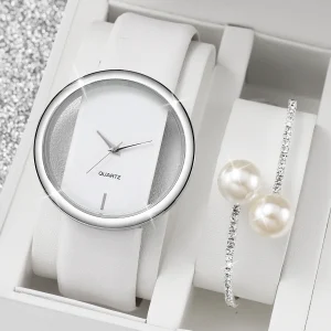 2 pezzi/set orologio da donna con bracciale con diamanti e perle, orologi al quarzo con cinturino in pelle con quadrante cavo alla moda (senza scatola) 1