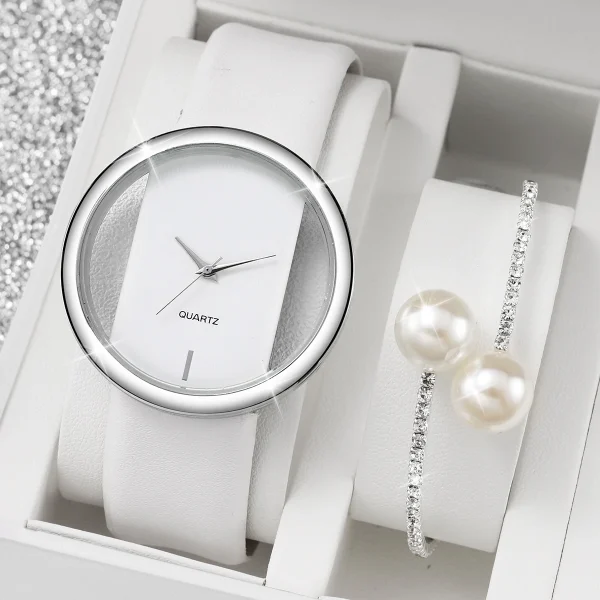 2 pezzi/set orologio da donna con bracciale con diamanti e perle, orologi al quarzo con cinturino in pelle con quadrante cavo alla moda (senza scatola) 1