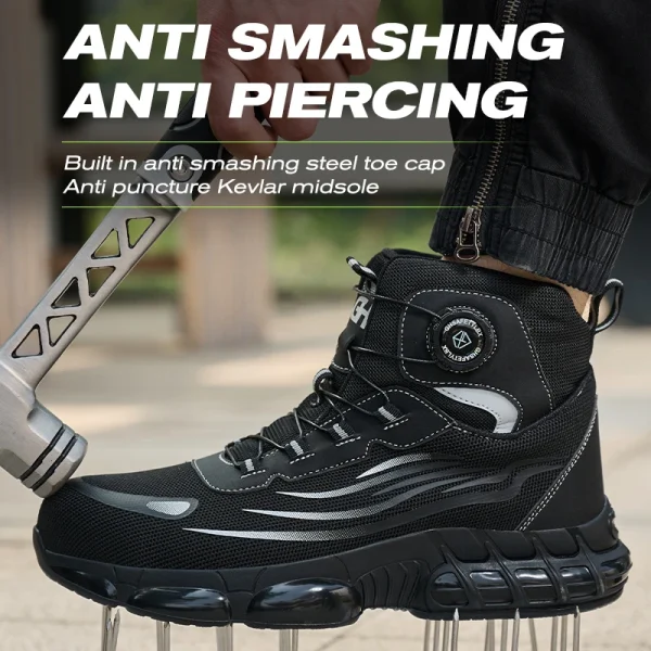 Scarpe antinfortunistiche con bottone rotante per uomo Stivali antinfortunistici da lavoro alti Scarpe da lavoro con punta in acciaio Scarpe protettive nere per la protezione del lavoro 1