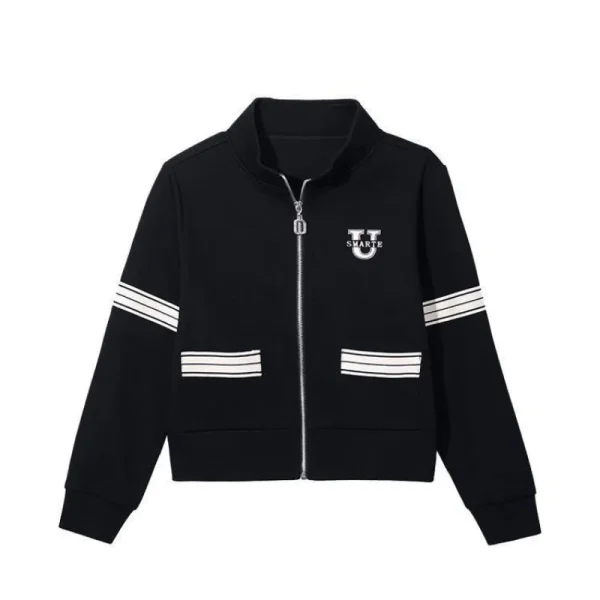 Moda primavera autunno donna colletto alla coreana tasca cerniera contrasto colore ricamo casual cardigan a maniche lunghe felpe top 6